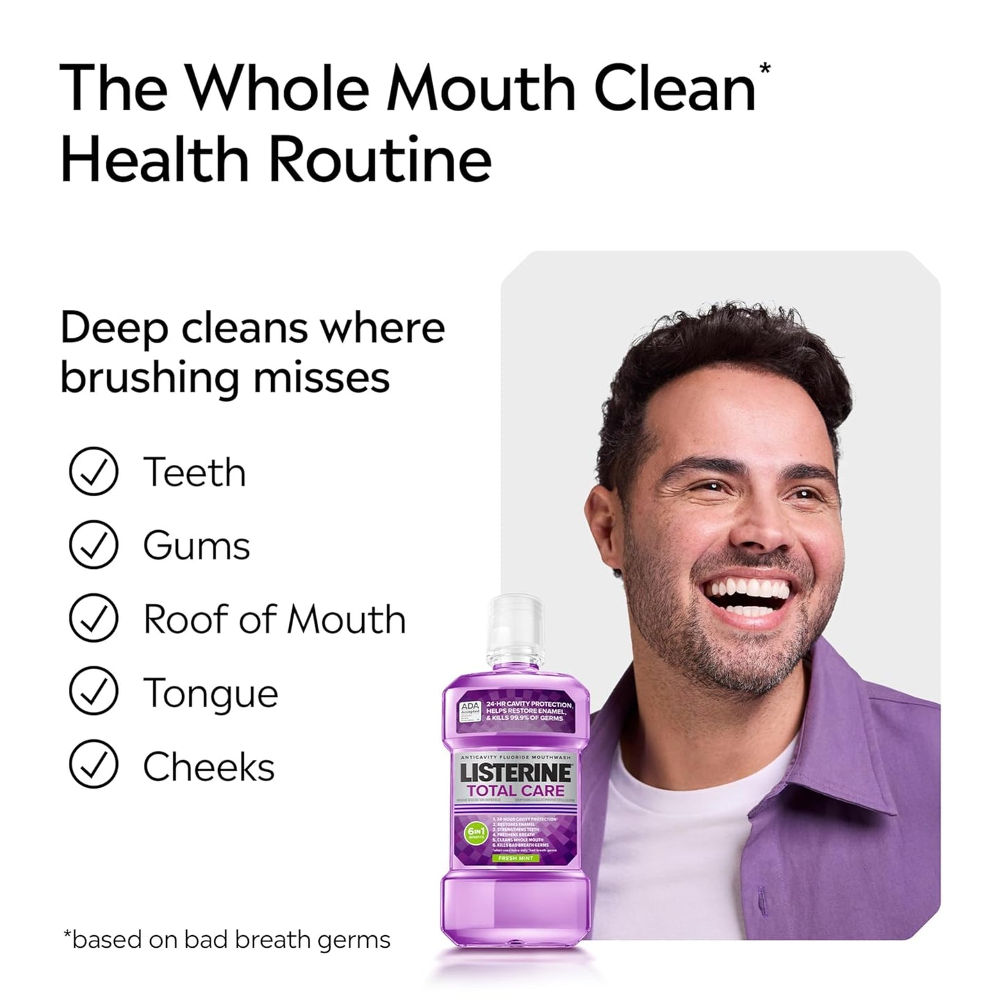 Total Care Anticavity Fluoride Mouthwash, 6 Benefits in 1 Oral Rinse Helps Kill 99% of Bad Breath Germs, Prevents Cavities, Strengthens Teeth, Fresh Mint, Twin Pack, 2 X 1 L