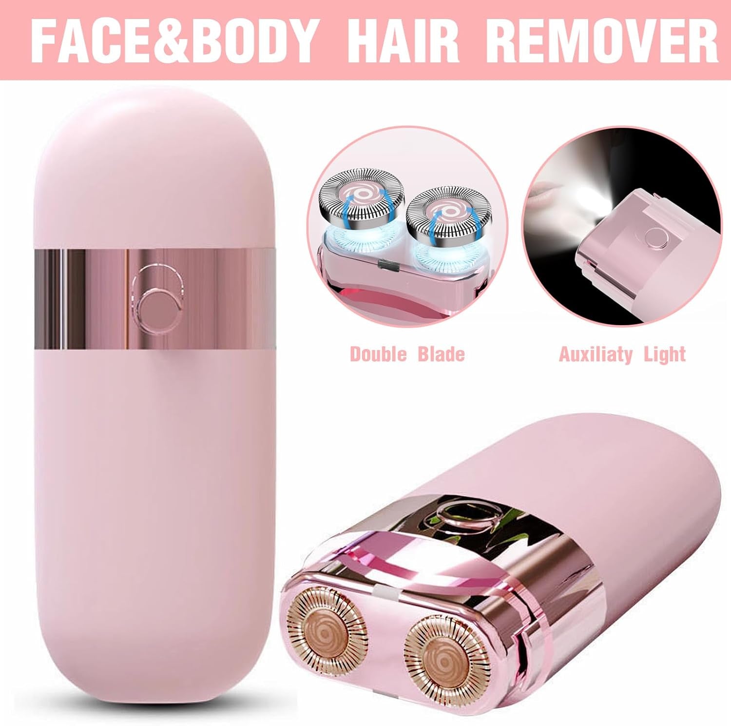 Facial Hair Remover for Women, Portable Mini Epilator, Painless Electric Shaver for Face Chin Lip Bikini Arms Underarm with LED Light USB Charging