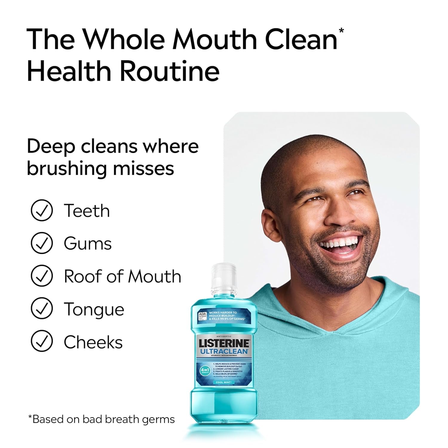 Ultraclean Oral Care Antiseptic Mouthwash, Everfresh Technology to Help Fight Bad Breath, Gingivitis, Plaque & Tartar, Ada-Accepted Tartar Control Oral Rinse, Cool Mint, 1 L