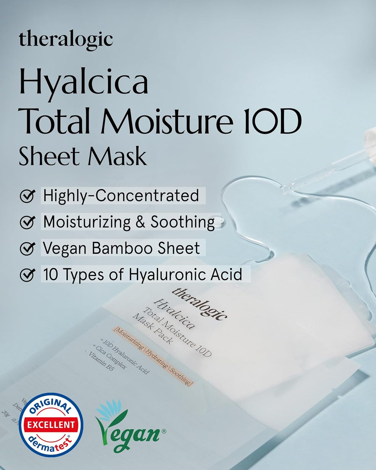 Hyalcica Total Moisture 10D Mask - Vegan Korean Moisturizing Face Mask Sheet with 10 Hyaluronic Acid and Cica - Non Sticky Refreshing - Derma Tested, 10 Sheets