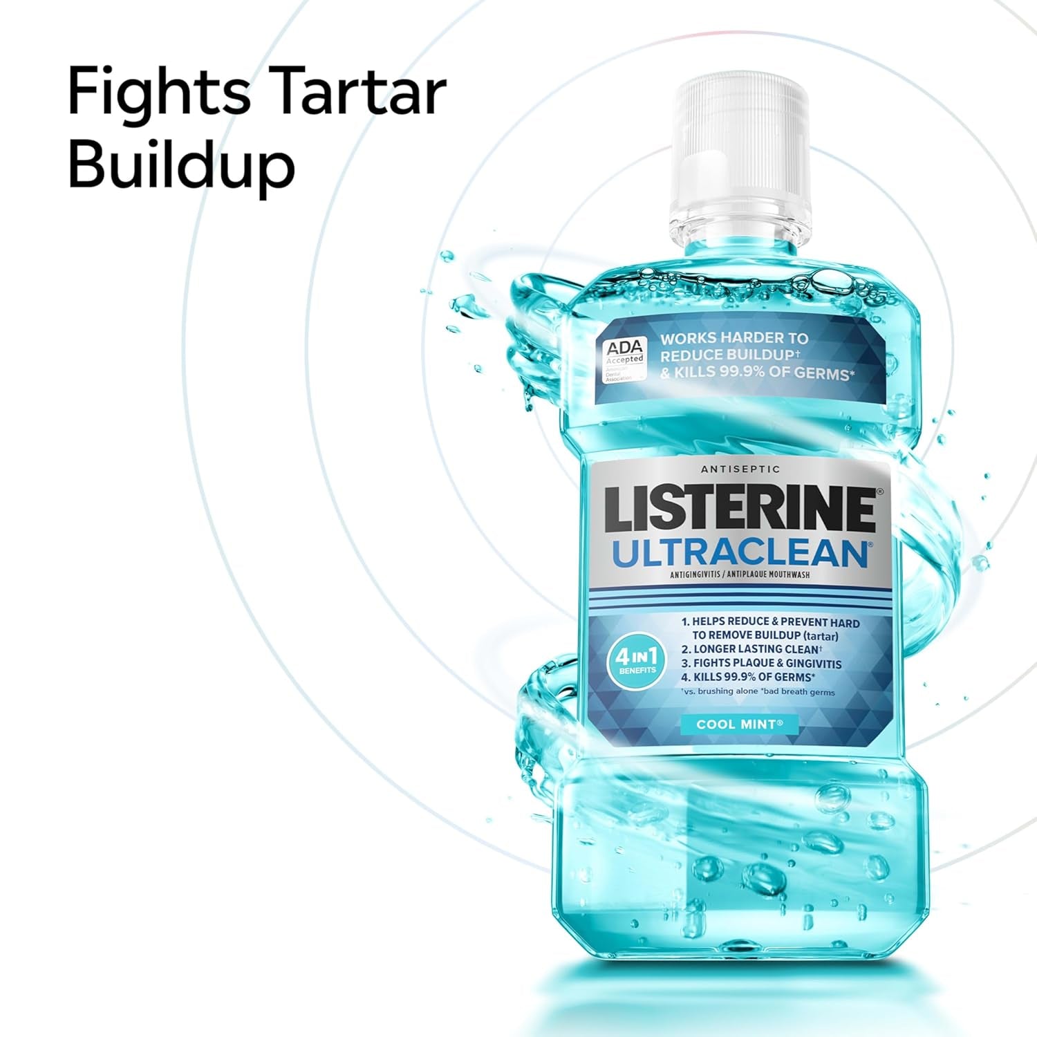 Ultraclean Oral Care Antiseptic Mouthwash, Everfresh Technology to Help Fight Bad Breath, Gingivitis, Plaque & Tartar, Ada-Accepted Tartar Control Oral Rinse, Cool Mint, 1 L