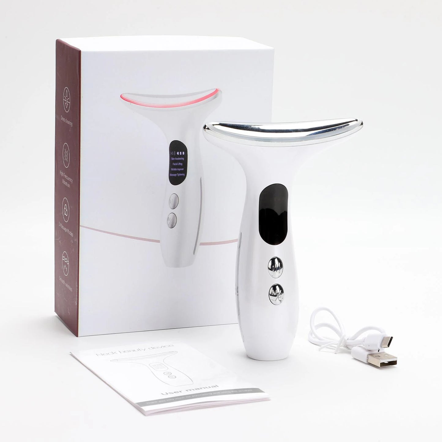 Neck Beauty Device Massage Tightening Portable Ergonomic Face and Neck Beauty Massager White