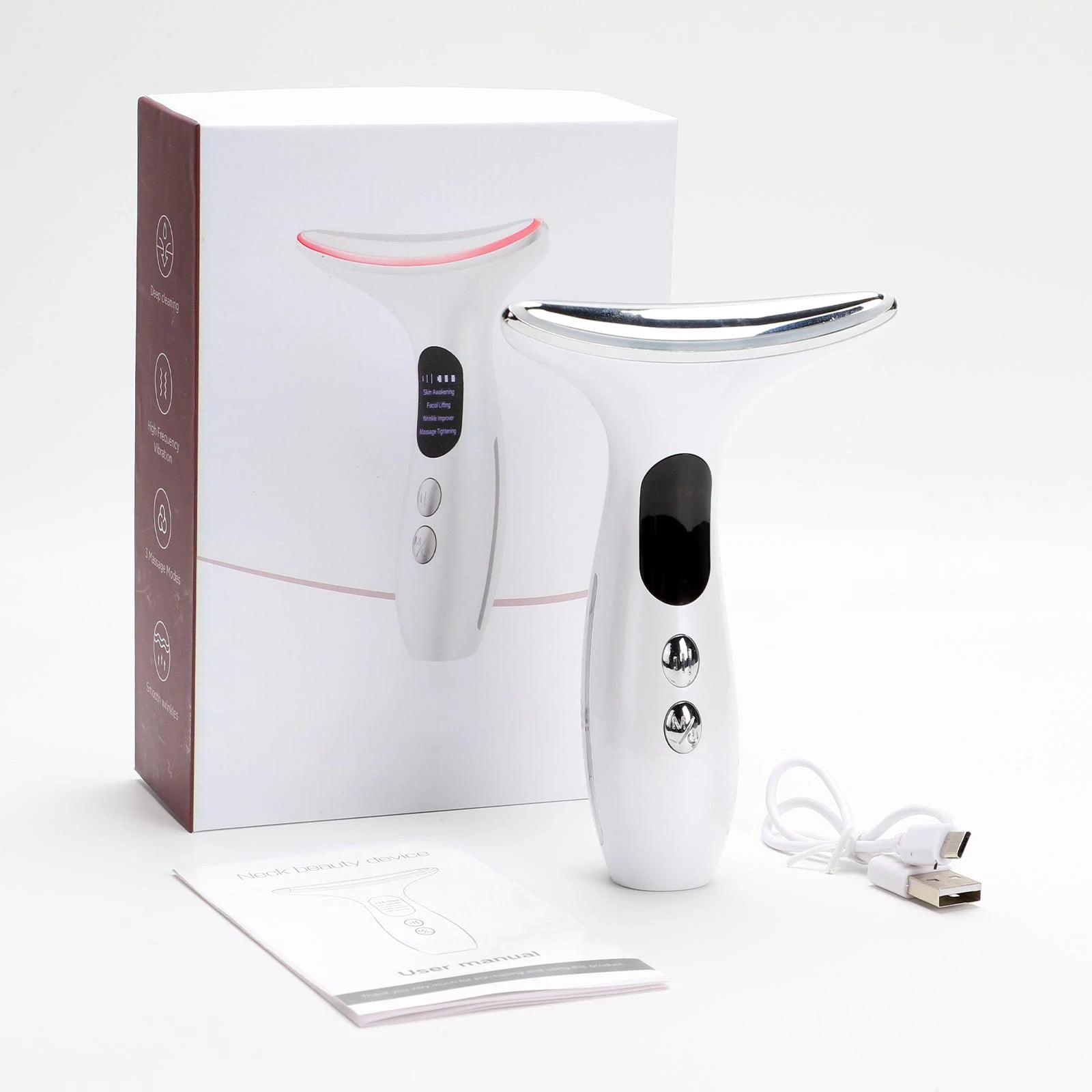 Neck Beauty Device Massage Tightening Portable Ergonomic Face and Neck Beauty Massager White