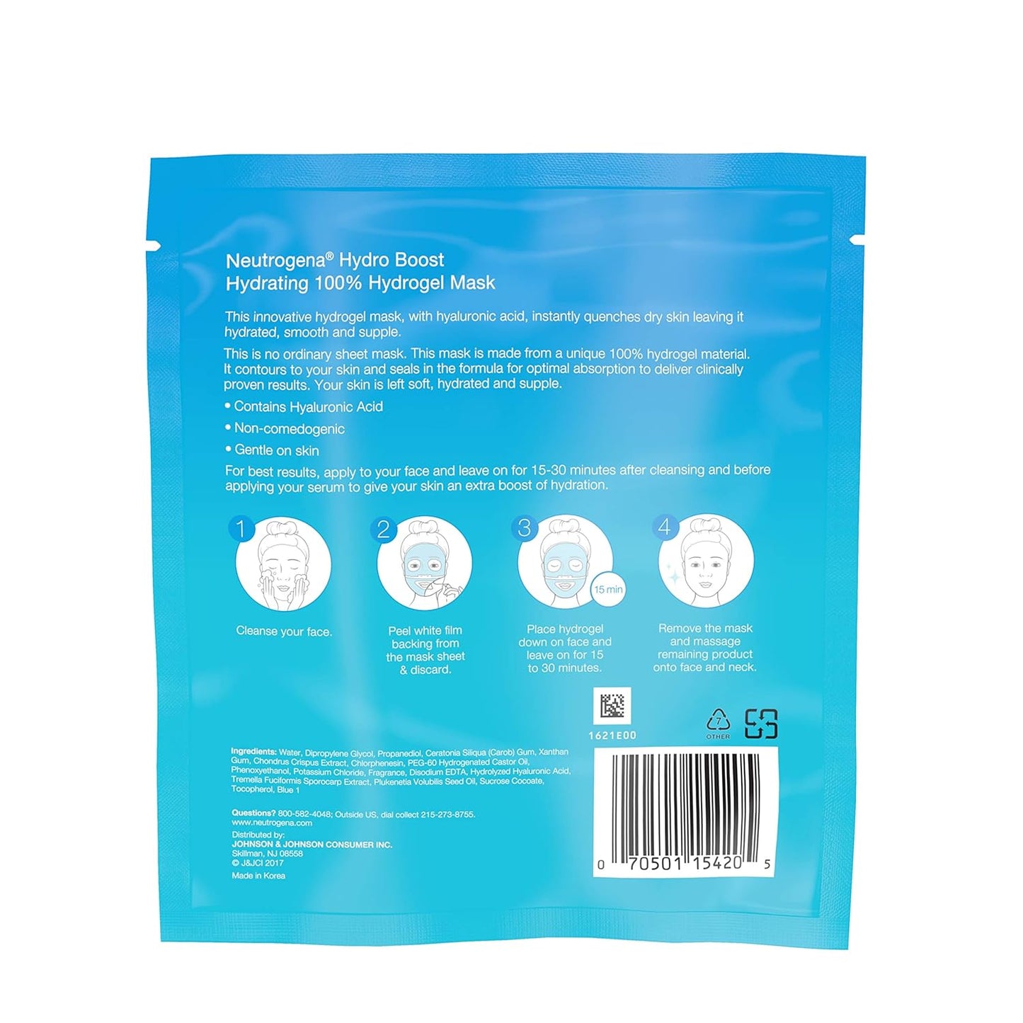 Hydro Boost Moisturizing & Hydrating 100% Hydrogel Sheet Mask, Face Mask for Dry Skin with Hyaluronic Acid, Gentle & Non-Comedogenic, 1 Oz, 12 Pack